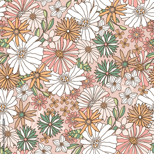 Floral seamless pattern in retro style. Hand drawn blossom vintage texture. Great for fabric, textile, wallaper. Vector illustration