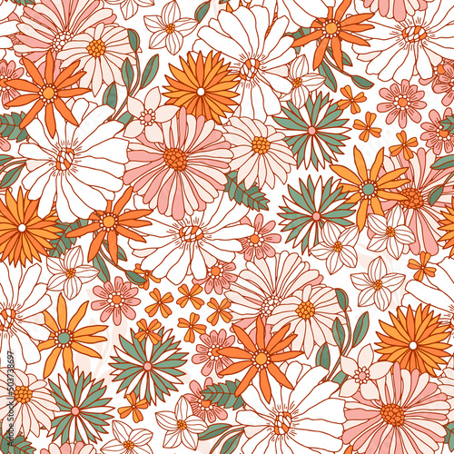 Floral seamless pattern in retro style. Hand drawn blossom groovy vintage texture. Great for fabric  textile  wallpaper. Vector illustration