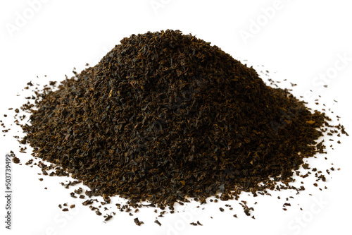 Small heap of Ceylon black BOP broken orange pekoe tea on white background