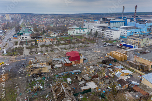 Top view of the destroyed and burnt houses. Houses were destroyed by rockets or mines from Russian soldiers. Cities of Ukraine after the Russian occupation. #503740895