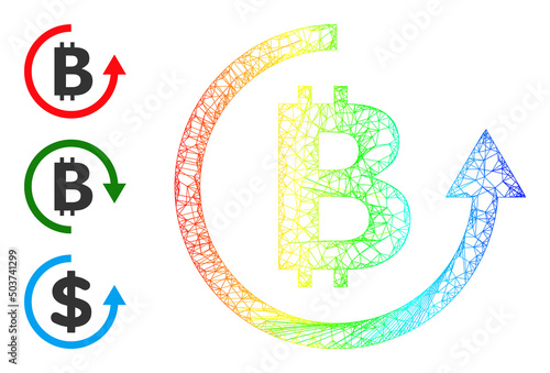 Spectral colored crossing mesh bitcoin refund. Linear carcass flat net geometric image based on bitcoin refund icon, made from crossed lines. Colored crossing mesh icon.
