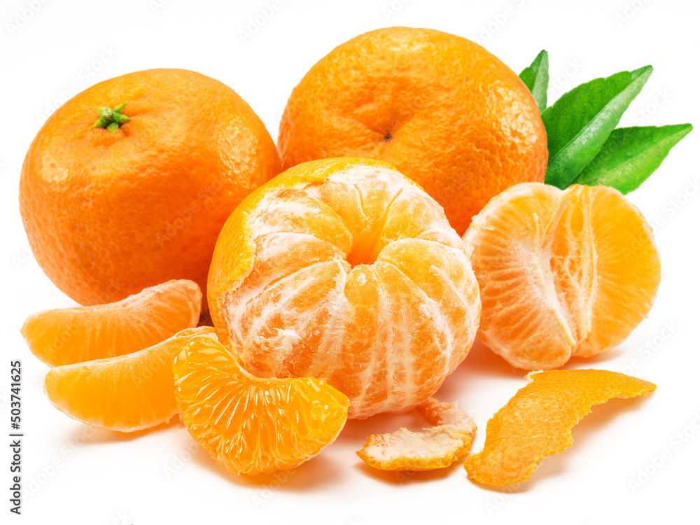Ripe tangerine fruits with leaf and mandarin slices on white background. Ripe tangerine fruits with leaf and mandarin slices on white background.