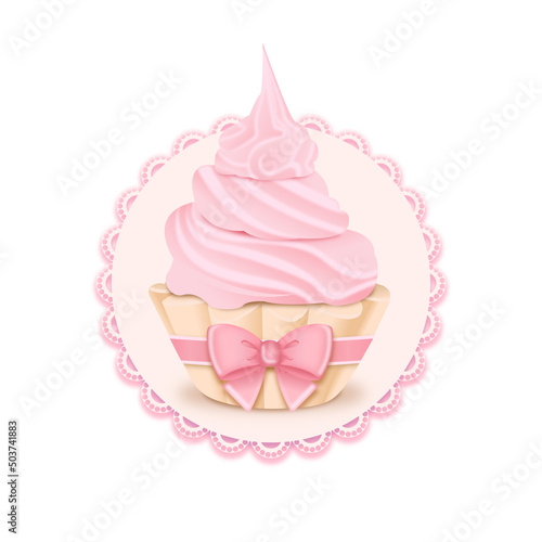 Delicious cupcake with pink cream and a bow on a lace napkin