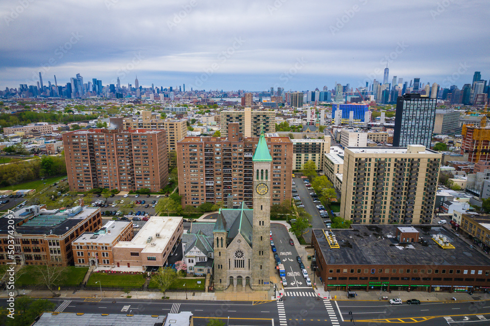 Obraz premium Aerial Drone of Weehawken New Jersey