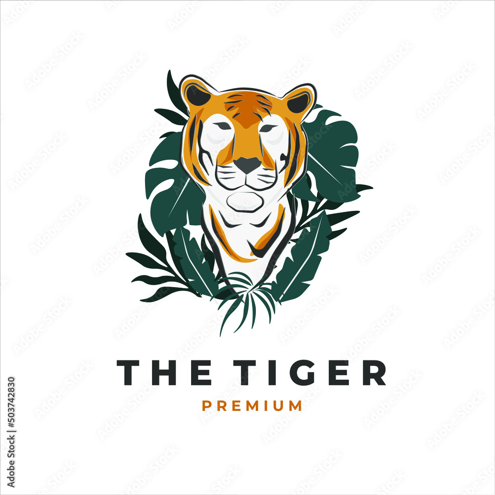 Logo illustration of a tiger behind a plant Logo illustration of a tiger behind a plant