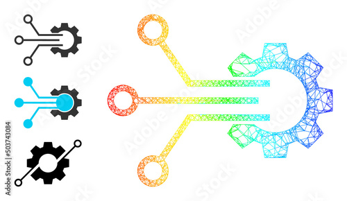 Spectrum colorful net mesh gear sensor. Hatched carcass 2d network abstract image based on gear sensor icon, created with intersected lines. Colorful net mesh icon.