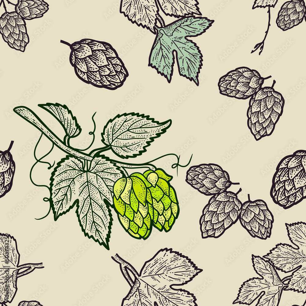 Craft beer seamless pattern. Malt and hop elements. Illustration in linocut style. In art nouveau style, vintage, old, retro style. Craft beer seamless pattern. Malt and hop elements. Illustration in linocut style. In art nouveau style, vintage, old, retro style.
