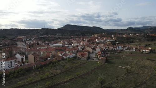 Aerial views from Mora de Rubielos, Teruel, Aragón, Spain. Drone views from Mora de Rubielo's Town on the sunset.