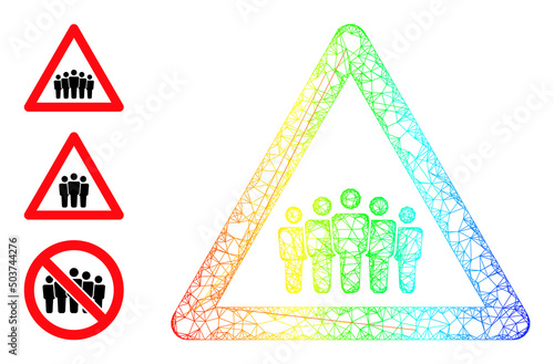 Spectrum vibrant network crowd warning. Linear frame flat network geometric symbol based on crowd warning icon, is created from crossing lines. Vibrant crossing mesh icon.