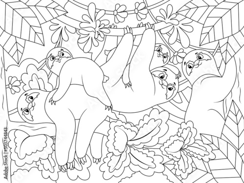 Family of sloths on tree branches and lianas. Cartoon coloring poster.