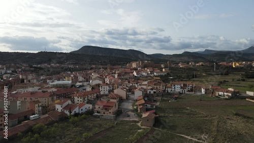 Aerial views from Mora de Rubielos, Teruel, Aragón, Spain. Drone views from Mora de Rubielo's Town on the sunset.