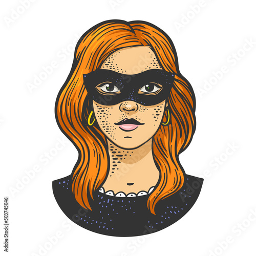 Young woman girl in black masquerade mask color sketch engraving vector illustration. T-shirt apparel print design. Scratch board imitation. Black and white hand drawn image.