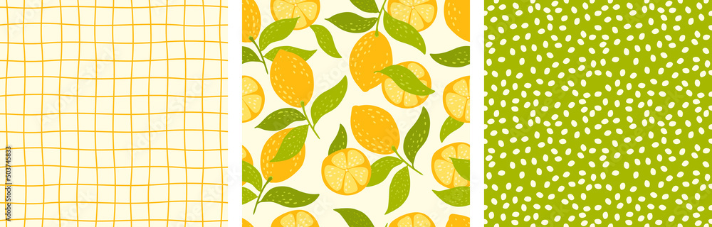 set of patterns with juicy citrus fruits, lines and dots. cute seamless pattern for kitchen towels. abstract hand drawn patterns set of patterns with juicy citrus fruits, lines and dots. cute seamless pattern for kitchen towels. abstract hand drawn patterns