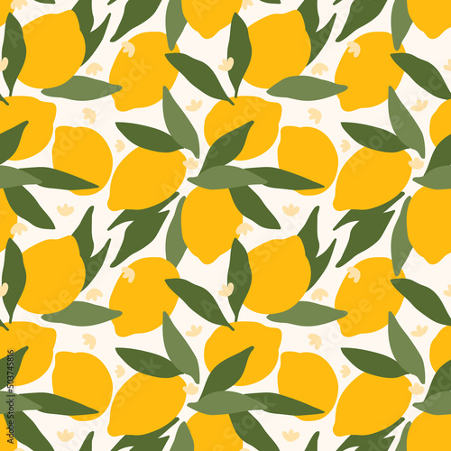 juicy lemons scattered in a chaotic manner. flat endless illustration with citrus fruits. whole lemons with leaves and flowers. delicious print.