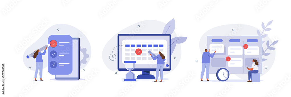 Schedule planning illustration set. Characters planning work tasks, filling check list, making schedule using calendar. Business and organization concept. Vector illustration. - obrazy, fototapety, plakaty 