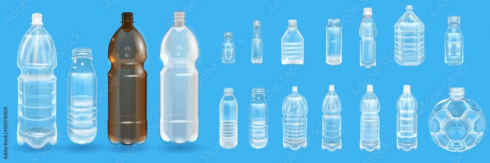 Transparent bottles. Realistic plastic containers for liquid