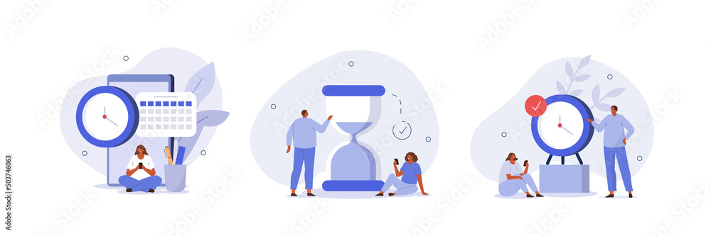 Schedule planning illustration set. Characters managing work tasks and deadline time using calendar. Time management and organization concept. Vector illustration. - obrazy, fototapety, plakaty 