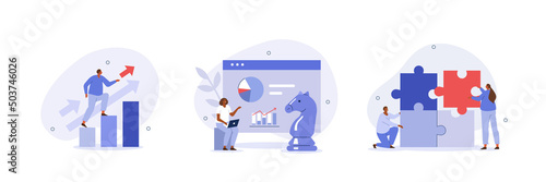 Business strategy illustration set. Characters assembling jigsaw puzzle, moving chess figure, demonstrating financial growth. Strategy, planning and success concept. Vector illustration.
