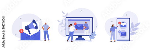 E-mail marketing and promotion illustration set. Characters sending advertising mails and promotional offers with sales and discounts. Ecommerce business concept. Vector illustration.
