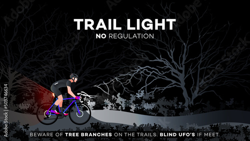 Cyclist on the trail with bicycle light. Educational vector illustration. Safe night riding in the forest.