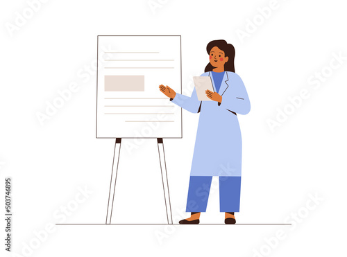 Doctor or scientist has speech and shows some information on the board. Medical presentation concept. Vector illustration