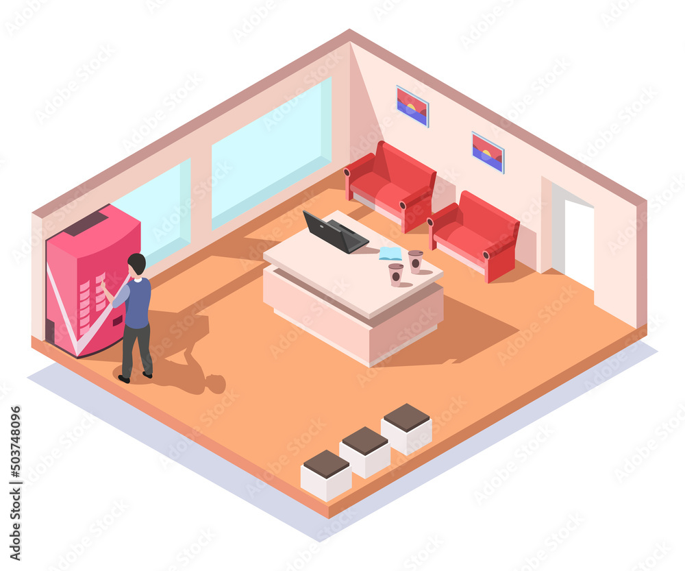 Isometric office indoor, building. People work inside cabinet. Isometry cartoon office furniture. Interior workplace. Corporation inside. Office workspace activity. Vector illustration
