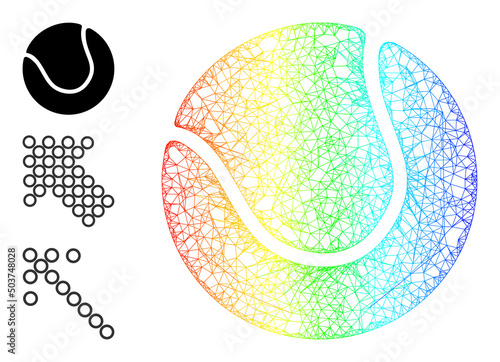 Spectrum gradient wire frame tennis ball. Hatched carcass 2d network abstract image based on tennis ball icon, created from intersected lines. Colored wire frame icon.