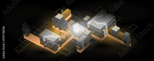 A futuristic microchip processor with components. Quantum computer. Technology for development of electronic devices on microprocessor. 