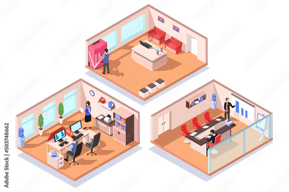 Isometric office indoor, building. People work inside cabinets. Isometry cartoon office. Company workplace. Corporation inside. Official workplace, co-working. Vector illustration