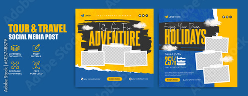 Holiday travel social media post for business marketing. Traveling and tour web banner with agency logo and icon. Summer beach travelling promotion flyer. Digital sale poster with abstract background 
