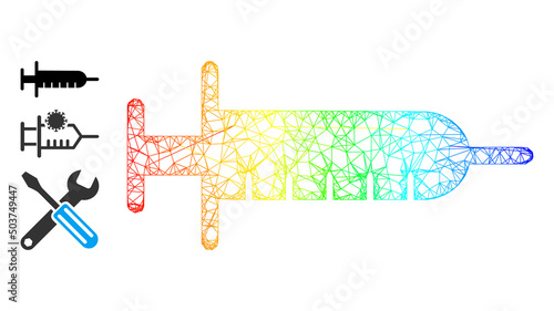 Spectral vibrant net mesh syringe. Hatched frame flat net geometric symbol based on syringe icon, created from crossed lines. Vibrant crossing mesh icon.
