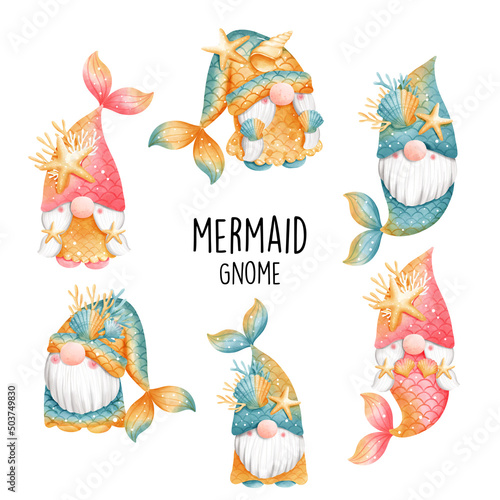 Watercolor gnome mermaid, ocean. Vector illustration
