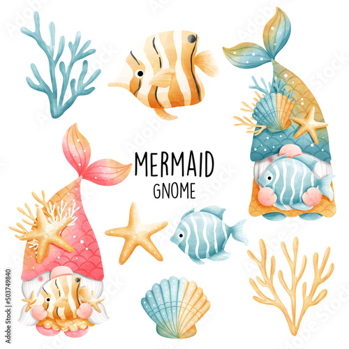 Watercolor gnome mermaid, ocean. Vector illustration
