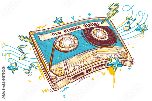 Old school sound - drawn colorful music audio cassette design