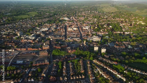 Aerial view starting from the center of town to outwards of Guildford, small town surrounded by the famous Surrey Hills in close proximity to  London, UK