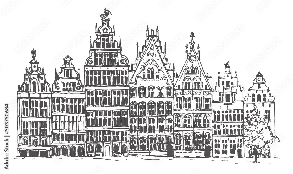 Travel sketch of Antwerpen, Belgium. Urban sketch of ancient houses in black color isolated on white background. Historical building line art. Freehand drawing. Hand drawn travel postcard of Antwerpen