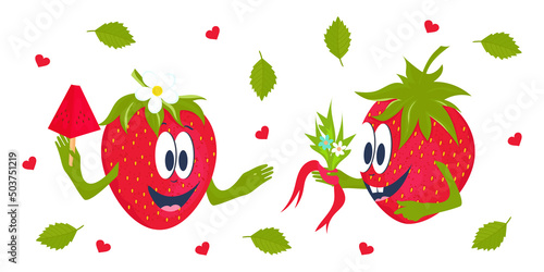 Cartoon pair of strawberry characters. A declaration of love and warm feelings. Vector.