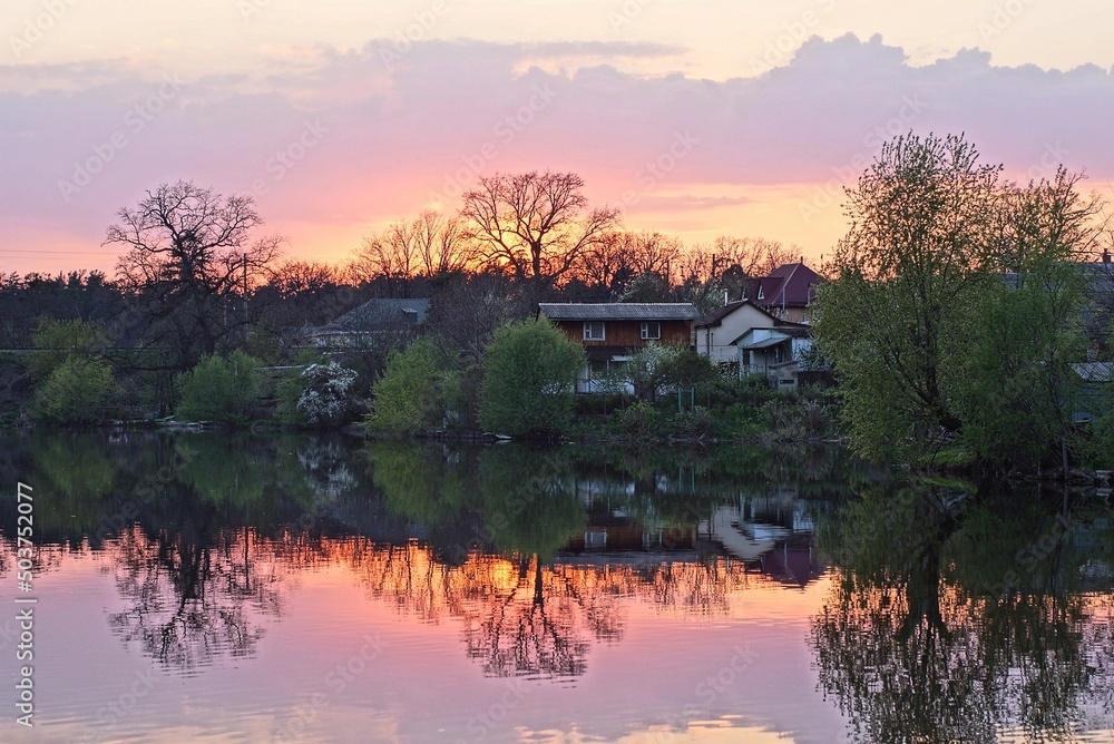 evening landscape from the water of the lake against the background of green trees of private houses and a pink sky