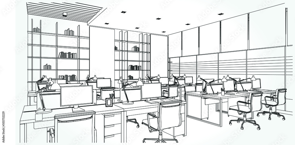 Fototapeta premium interior outline sketch drawing perspective of a space office.Workplaces . Tables, chairs and windows. Vector illustration in a sketch style.