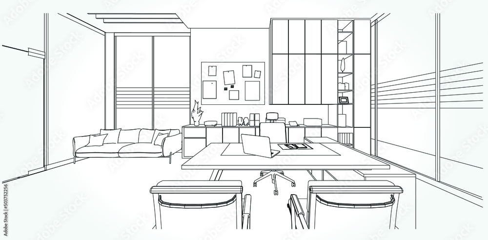 interior outline sketch drawing perspective of a space office.Workplaces . Tables, chairs and windows. Vector illustration in a sketch style.