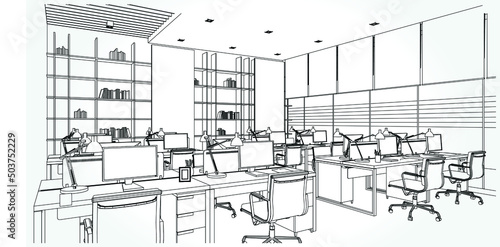 interior outline sketch drawing perspective of a space office.Workplaces . Tables, chairs and windows. Vector illustration in a sketch style.