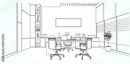 interior outline sketch drawing perspective of a space office.Workplaces . Tables, chairs and windows. Vector illustration in a sketch style.