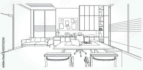 interior outline sketch drawing perspective of a space office.Workplaces . Tables, chairs and windows. Vector illustration in a sketch style.