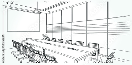 interior outline sketch drawing perspective of a space office.Workplaces . Tables, chairs and windows. Vector illustration in a sketch style.