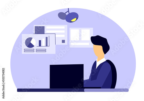 A man works at home on a laptop, makes charts. System administrator, works in a comfortable environment. Programmer at work.