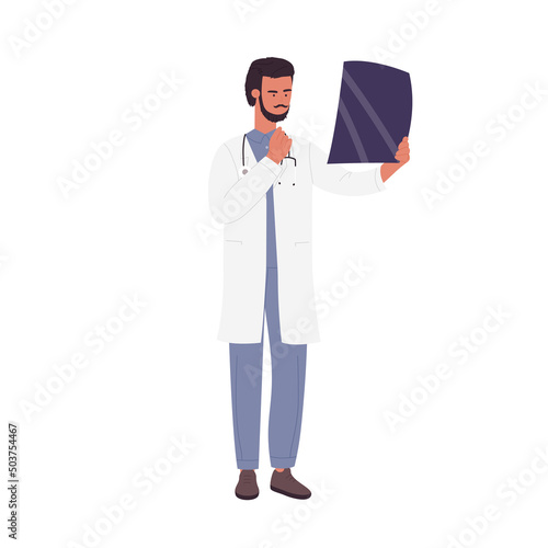 Doctor examining patient analysis. Medical treatment, hospital worker vector illustration