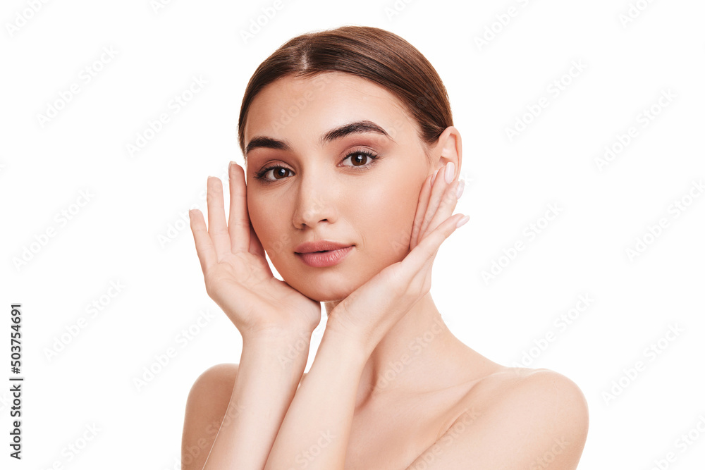 woman touching face and enjoy perfect clean skin woman touching face and enjoy perfect clean skin