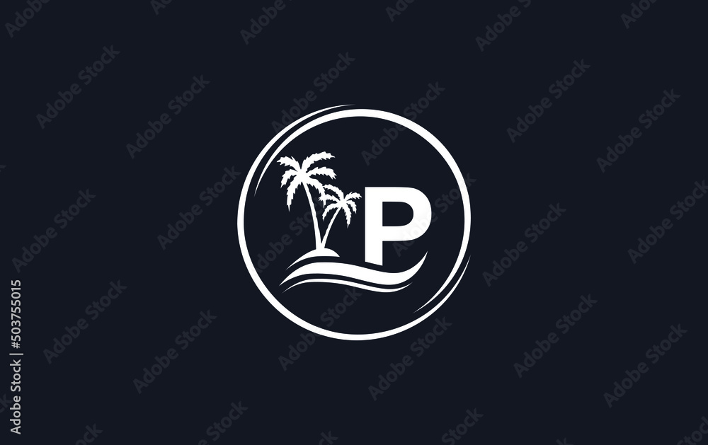 Nature water wave and beach tree vector art logo design with the letter and alphabet P Nature water wave and beach tree vector art logo design with the letter and alphabet P