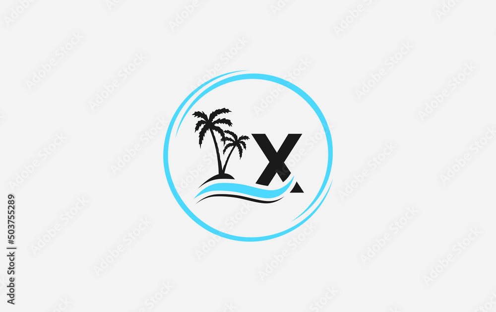 Nature water wave and beach tree vector art logo design with the letter and alphabet X