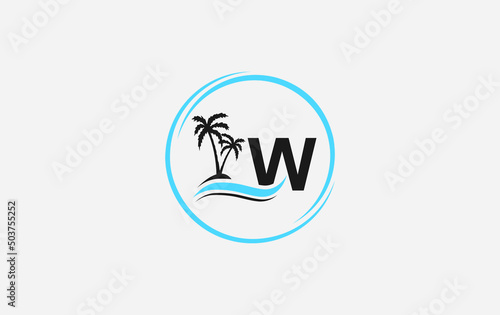 Nature water wave and beach tree vector art logo design with the letter and alphabet W